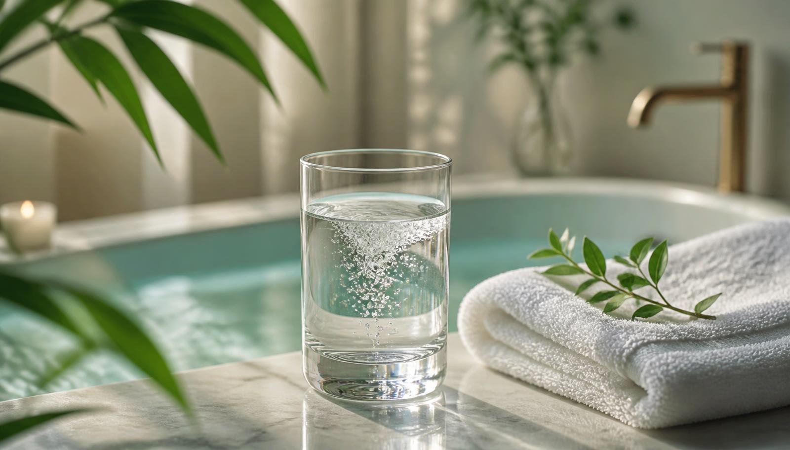 Glass of pure water with bubbles in a spa setting, symbolising water-only intestinal cleansing